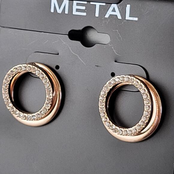 Rose Gold Circle Earrings with Crystal Accents, Metal Studs, Classic Style - Picture 4 of 9